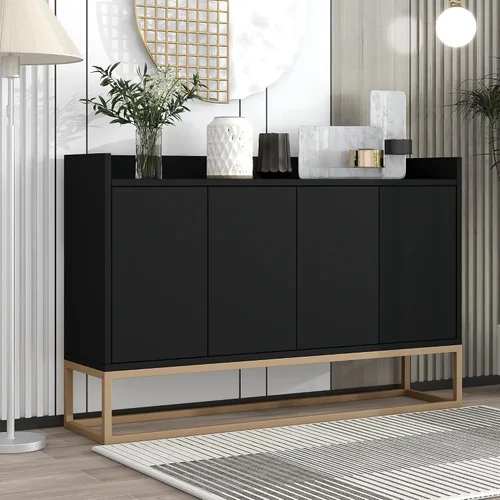 LUMISOL Armario de almacenamiento moderno con puertas y estantes ajustables, aparador de cocina de madera con base de metal y mesa de valla, color