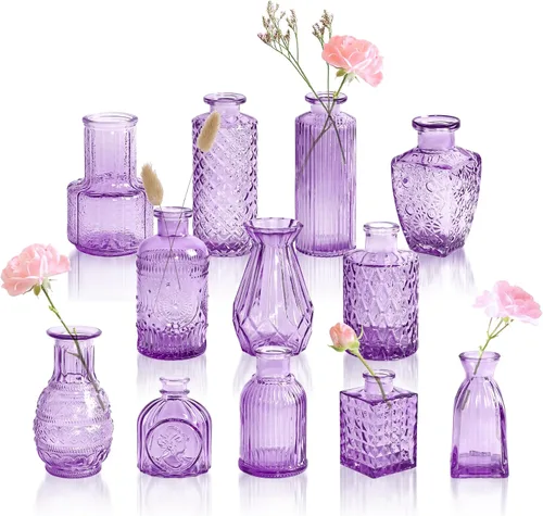 Miniatura 18 de Juego de 12 jarrones de vidrio ámbar, jarrones de capullo transparentes a granel, mini jarrones para flores, pequeños jarrones de flores