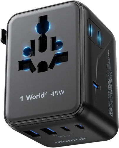 MOMAX Adaptador de viaje universal 7 en 1, adaptador de enchufe de viaje europeo GaN 45W para iPhone 17, 3 USB-C PD y 2 USB-A QC, 2 AC, adaptador de