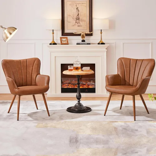 Miniatura 2 de Yaheetech Sillón de piel sintética, silla moderna con patas de metal, cómoda silla tapizada para sala de estar, dormitorio, tocador, marrón, 2 piezas
