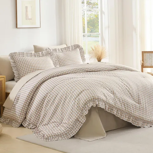 Miniatura 23 de Andency Juego de edredón beige tamaño King, 3 piezas estilo farmhouse shabby chic con volantes, ligero esponjoso suave de microfibra para todas