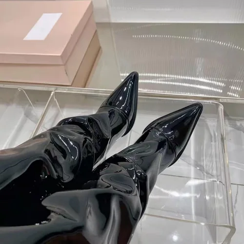 Miniatura 14 de Vertundy Botas altas hasta la rodilla metálicas con punta puntiaguda para mujer, botas altas de tacón alto de charol plisadas, botas largas plisadas