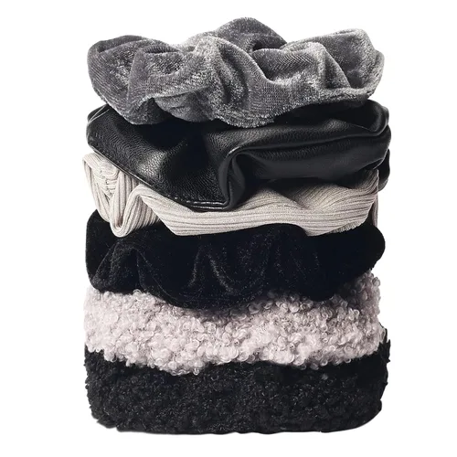 Miniatura 17 de Coleteros Difusos Fuzzy Scrunchies 8 PCS Ligas Negras para el Cabello Lindas Bandas para el Cabello con Piel de Conejo Sintética Ligas Elásticas