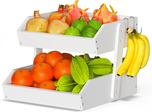 Miniatura 8 de Gmtsl Cesta de frutas de bambú para cocina, frutero de 2 niveles para encimera de cocina, soporte grande para frutas con 2 ganchos para plátanos