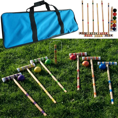 Hey! Play! Juego de croquet, juego deportivo de lujo de madera para exteriores con estuche de transporte, divertido juego de recreación de césped