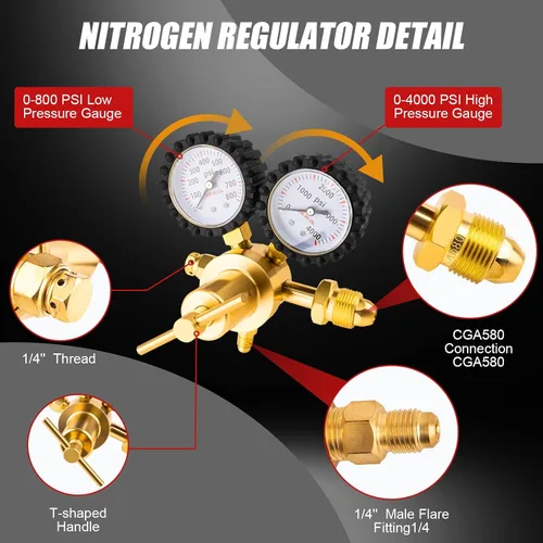 Miniatura 2 de Kit regulador de nitrógeno Siasky con salida de llama macho de 1/4 de pulgada, presión de entrega de 0-800 PSI, manguera de 199.9 cm - Regulador