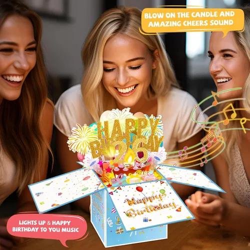 Miniatura 2 de Tarjetas de cumpleaños número 26 con luces, música y velas, tarjetas de felicitación de feliz cumpleaños emergentes en 3D para niñas y amigos de 26
