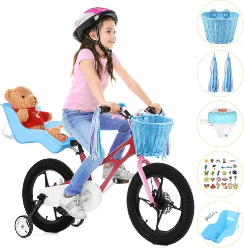 Miniatura 4 de Aurelema Asiento de bicicleta de muñeca con 30 calcomanías de calcomanías, cesta de bicicleta para niños, manillar de bicicleta, cintas coloridas