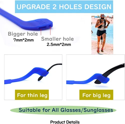 Miniatura 2 de SAIGO Correa antideslizante de silicona para gafas, retenedores de gafas deportivos, elástico, suave, para hombres y mujeres, 2 unidades, negro, 9.8