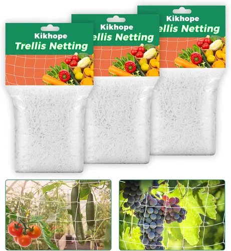 Miniatura 8 de Kikhope Red de enrejado, 3 paquetes de 5 x 15 pies, malla de poliéster resistente para plantas, red de malla cuadrada para plantas trepadoras