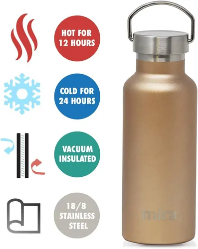 Miniatura 3 de MIRA Alpine - Botella de agua con 2 tapas, frasco de acero inoxidable 18/8 aislado al vacío, acabado brillante duradero, botella Hydro Bottle - 17