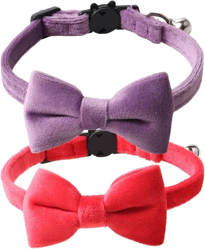 Miniatura 18 de Love Dream Collar de gato con pajarita y campanas, paquete de 2 collares de terciopelo de seguridad para gatitos con pajarita extraíble para gatos