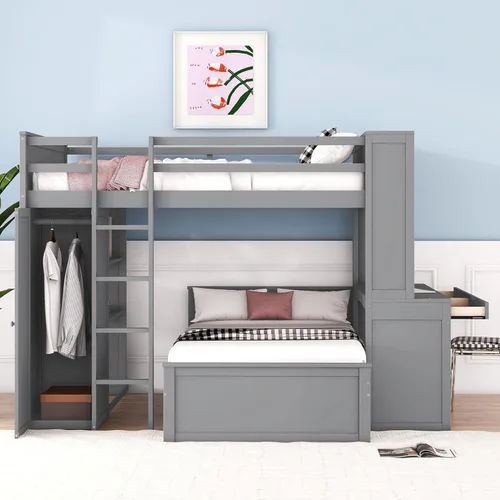 Miniatura 13 de Litera individual sobre individual con escritorio, armario y estantes, marco de cama tipo loft de madera maciza con una cama independiente, literas