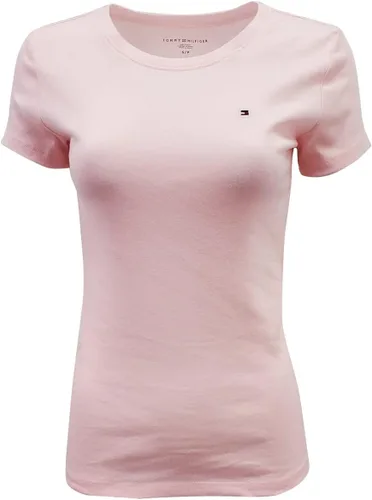 Tommy Hilfiger Camiseta de cuello redondo con logotipo de color sólido para mujer (S, rosa claro), Rosa claro