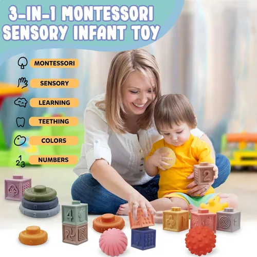 Miniatura 6 de Montessori Juguetes para bebés de 6 a 12 meses, juego de bloques suaves para bebés, bloques de construcción apilables 3 en 1, juguetes de dentición
