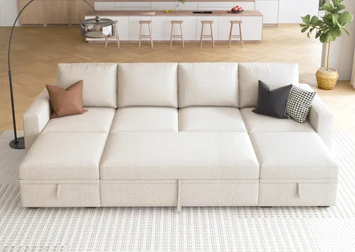 Miniatura 21 de HONBAY Sofá seccional modular con cama extraíble, sofá cama con forma de U extraíble con secciones de almacenamiento para sala de estar - Beige