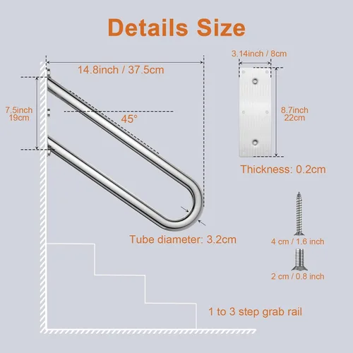 Miniatura 2 de Pasamanos de acero inoxidable de 20 pulgadas para 1-3 escalones, tubo de 1.25 pulgadas, barra de seguridad cromada en forma de U para escaleras
