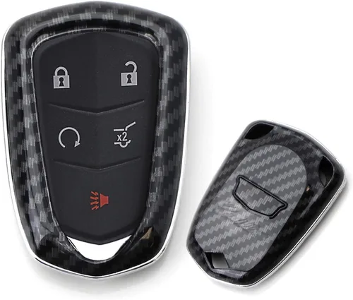iJDMTOY Carcasa para llavero con acabado de fibra de carbono negro brillante compatible con llave inteligente Cadillac ATS CTS CT6 ELR XTS XT5 SRX