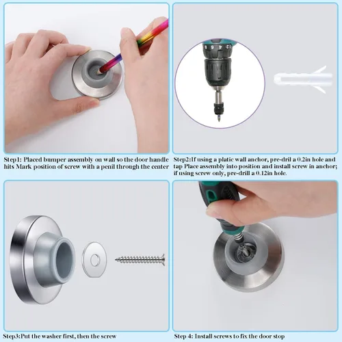 Miniatura 4 de Hotop Tapón de pared para puerta, protector de acero inoxidable con parachoques de goma para montaje en pared, topes para empotrar, silencioso