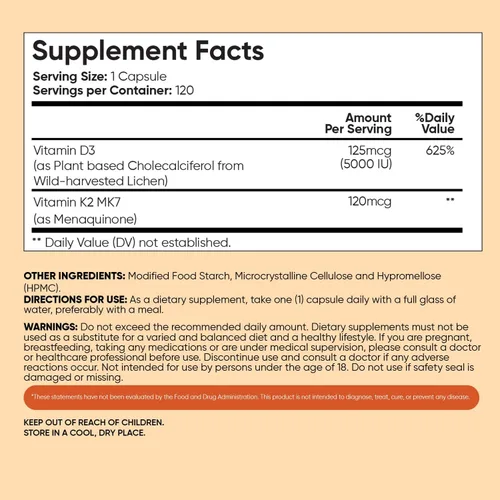 Miniatura 6 de WeightWorld Vitamina D3 K2 5000IU Cápsulas para fortaleza ósea, dientes, salud inmunológica y máxima absorción de calcio – 120 unidades – K2 D3