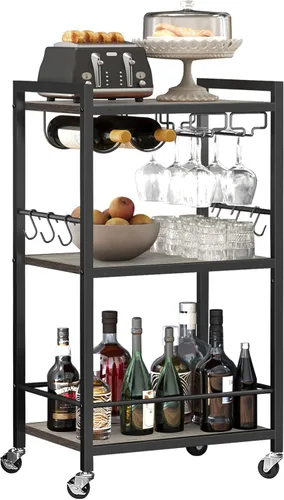 Miniatura 14 de TUTOTAK Carrito de bar, carrito de servicio para bar doméstico, carrito para microondas, carrito de bebidas, estante de cocina móvil con botellero