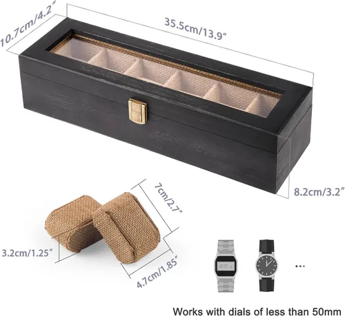 Miniatura 5 de Alsonerbay Caja de reloj con 6 ranuras para hombres y mujeres, organizador de reloj negro, soporte de almacenamiento de madera con cerradura
