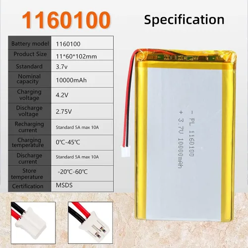 Miniatura 3 de 30X 3.7V 10000mAh 1160100 Lipo batería recargable de polímero de litio batería de iones con PH2.0.000 in JST conector