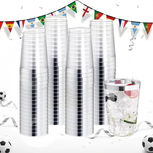 Miniatura 19 de I00000 Paquete de 100 unidades de vasos de plástico dorado de 12 onzas, vasos desechables con borde dorado, vasos de vino desechables y copas