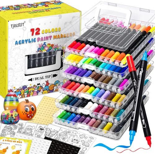 TANMIT Marcadores de pintura acrílica de 72 colores, bolígrafos de pintura acrílica de doble punta para pintura de rocas, madera, lienzo, piedra,