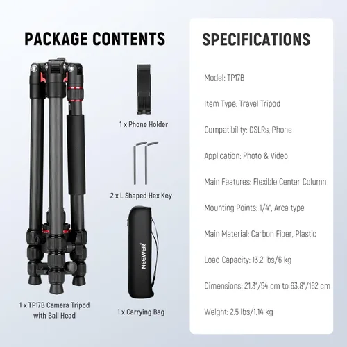 Miniatura 9 de NEEWER Basics Trípode de fibra de carbono para viajes y monopié, de 64" compacto, ligero y portátil, soporte para cámara y teléfono celular
