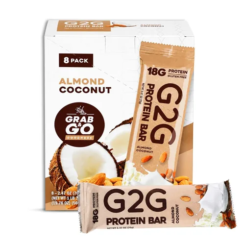 G2G Barra de proteínas, almendra y coco, aperitivo saludable, delicioso reemplazo de comidas, sin gluten, ingredientes limpios, refrigerado para