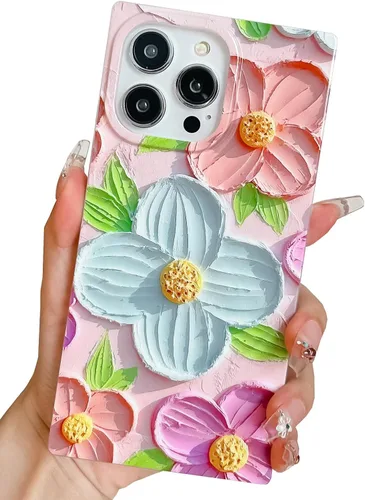 Miniatura 9 de Funda compatible con iPhone 13, borde rectangular, bonita funda protectora de lujo con diseño de flores al óleo para mujeres y niñas, funda