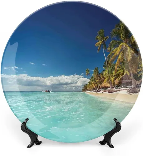 Miniatura 10 de XISUNYA Plato decorativo de porcelana de 6 pulgadas, plato de porcelana oceánica, superficie ondulada con fondo de grava, estampado de paisaje Azul