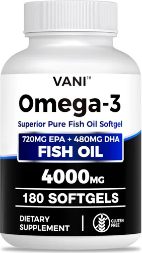 Aceite de pescado Omega 3 (4000 mg), 180 cápsulas blandas, suplementos de ácidos grasos Omega 3 con EPA y DHA para la salud del cerebro y el corazón*