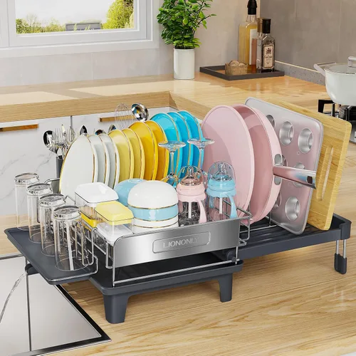 Miniatura 8 de Escurridor de platos expandible para encimera de cocina, acero inoxidable 304, placa retráctil abatible, ajustable multidireccional, estante