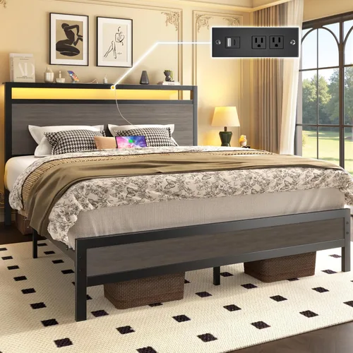 Miniatura 3 de Fluest Base de cama tamaño queen con cabecera y estribo, estación de carga integrada y luz LED, estante de almacenamiento, sin ruido, no necesita