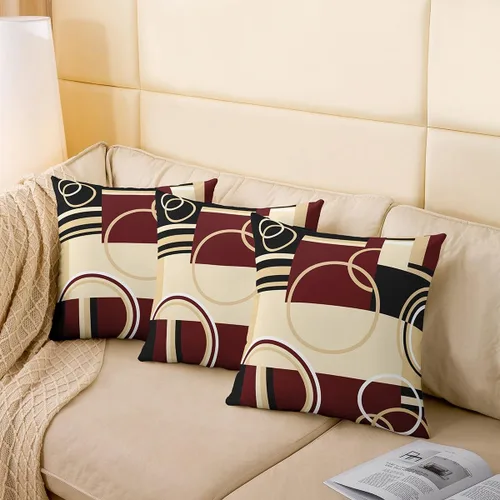 Miniatura 4 de Fundas de almohada geométricas modernas con rayas en rojo, marrón y negro, diseño retro de círculos y remolinos, juego de 4 fundas de almohada de 16