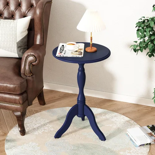 Miniatura 18 de HLR Mesa auxiliar redonda pequeña, mesas auxiliares laterales con pedestal de madera, mesita de noche vintage para sala de estar, dormitorio, Negro