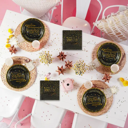 Miniatura 5 de 72 PIEZAS Platos y Servilletas de Feliz Cumpleaños Suministros para Fiestas, Platos y Servilletas de Papel con Puntos Negros y Dorados con Tenedores