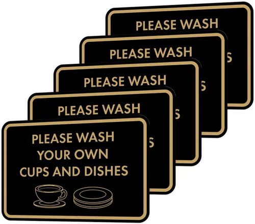 Miniatura 64 de Letrero clásico enmarcado con texto en inglés «Please Wash Your Own Cups and Dishes» (oro cepillado), pequeño