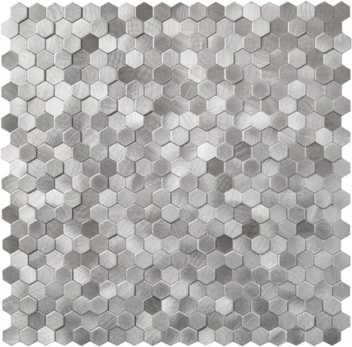 KASARO Azulejos para salpicadero autoadhesivos, 12 x 12 pulgadas, panel de pared de mosaico de metal hexagonal plateado 3D de 12 x 12 pulgadas,