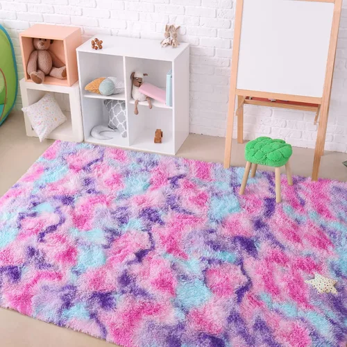 Miniatura 9 de AROGAN Alfombras de área suaves de arco iris para habitación de niñas de 6x9 pies, alfombras esponjosas de dormitorio para niñas, alfombra