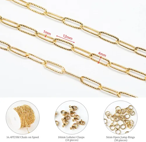 Miniatura 2 de KYUNHOO Cadena de acero inoxidable chapada en oro de 16.4 ft para hacer joyas, cadena ovalada en relieve de 0.157 in de ancho, cadena de joyería