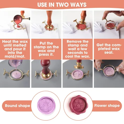 Miniatura 4 de Kit de Sello de Cera Yelsky con Sello de Cera de 1 Pulgada - 2 Moldes de Sello Metálicos con Forma de Flor Redonda, Alfombrilla de Silicona para 2