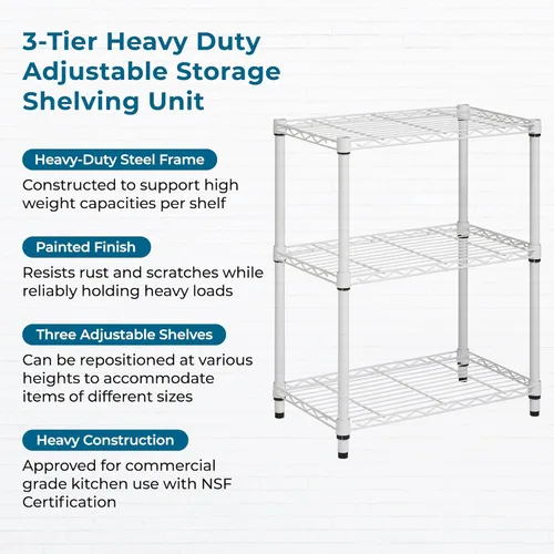Miniatura 5 de Honey-Can-Do Estantes ajustables de 3 niveles de alta resistencia, estante de almacenamiento de metal con capacidad de 250 lb, blanco, 14" de ancho