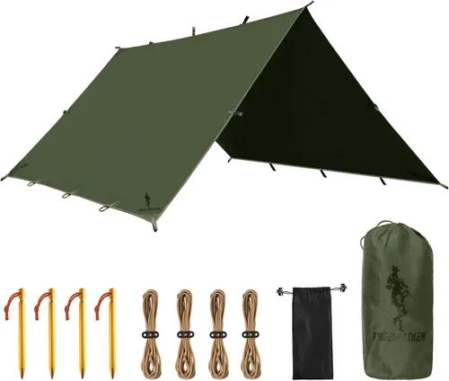 FREE SOLDIER Lona impermeable portátil multifuncional para exteriores, camping, viajes; toldo de mochilero, refugio contra la lluvia Verde oscuro