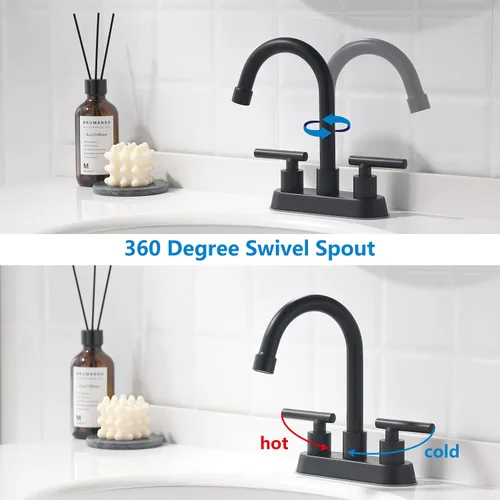 Miniatura 4 de Grifos de baño negros, grifo de lavabo de baño de 2 asas, grifo de lavabo de baño central de 4 pulgadas con drenaje desplegable y líneas de Negro