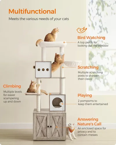 Miniatura 4 de Feandrea Árbol para gatos con recinto para caja de arena, torre para gatos moderna 2 en 1, condominio para gatos de 70.8 pulgadas de alto con postes