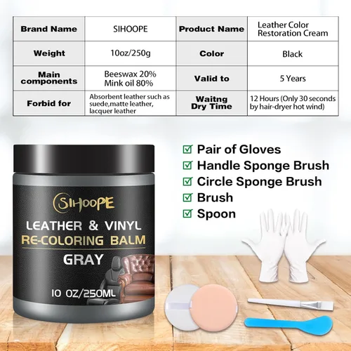Miniatura 4 de Bálsamo recolorante de cuero gris, kit de reparación de cuero para muebles, pintura y reparación de sofás con tinte de cuero, removedor de arañazos
