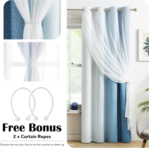 Miniatura 6 de Cortinas 100% opacas con superposición de gasa Mix and Match de doble capa, 54 pulgadas de largo, 2 paneles para dormitorio y sala de estar, azul